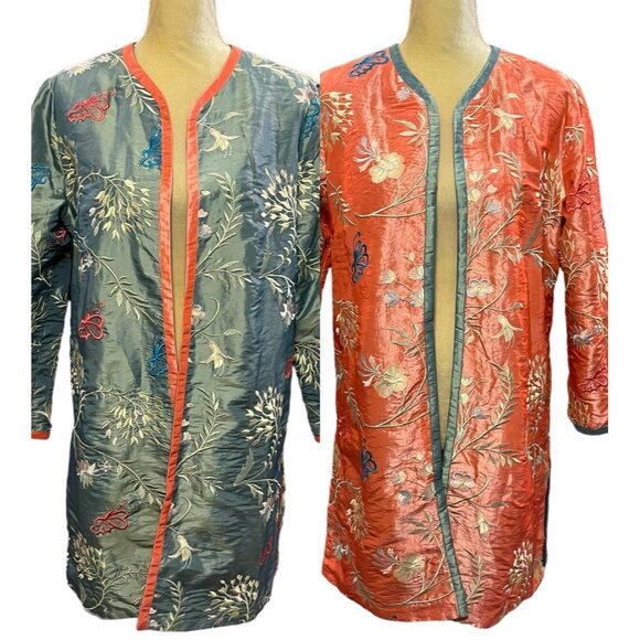 Vintage Reversible Embroidered Silk Jacket Coat Boho Floral Butterfly 34” L - Picture 1 of 8